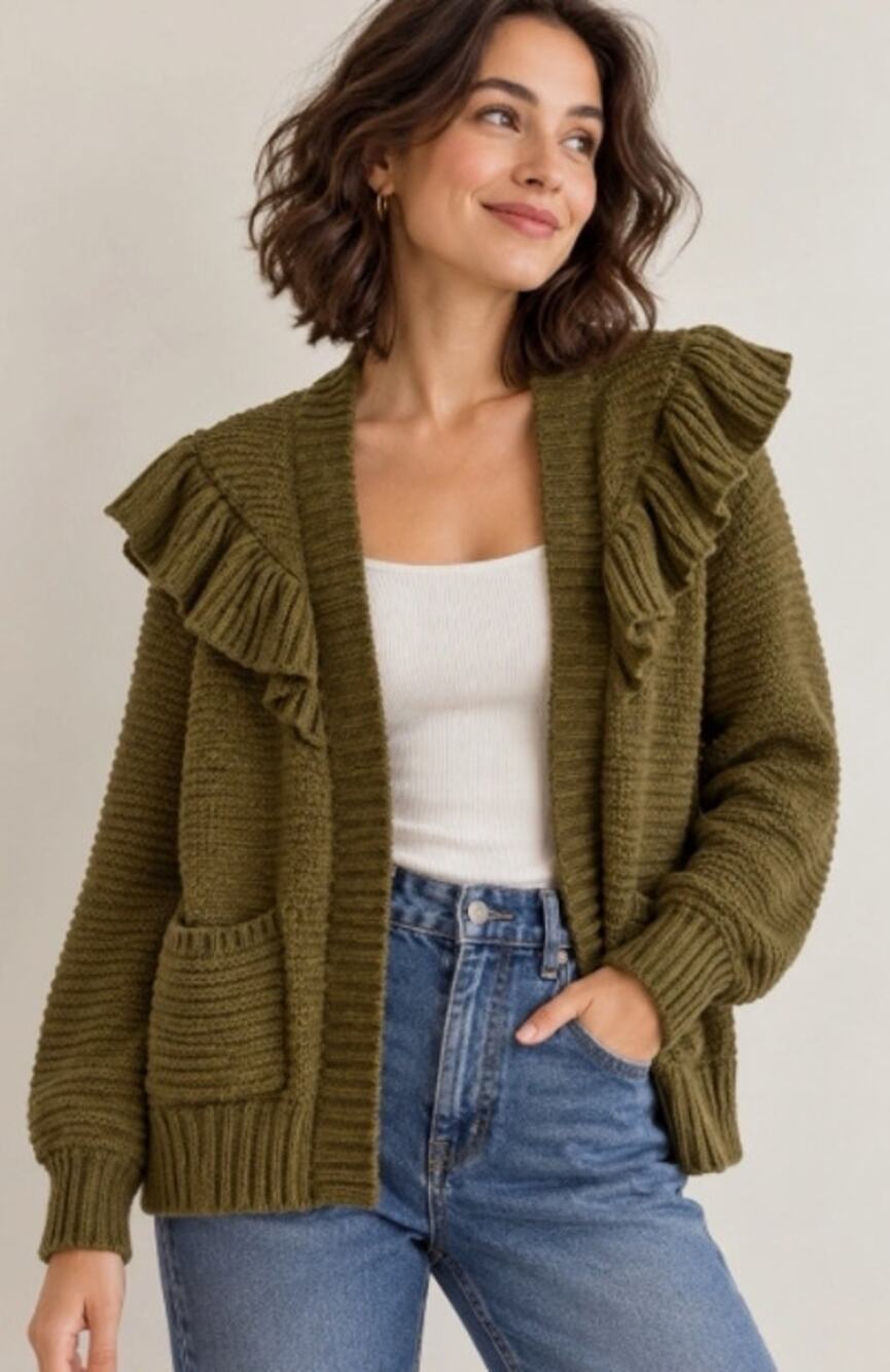 Madewell Women’s Cardigan Sweater M Green 100% Cotton Knit Open Front Ruffle